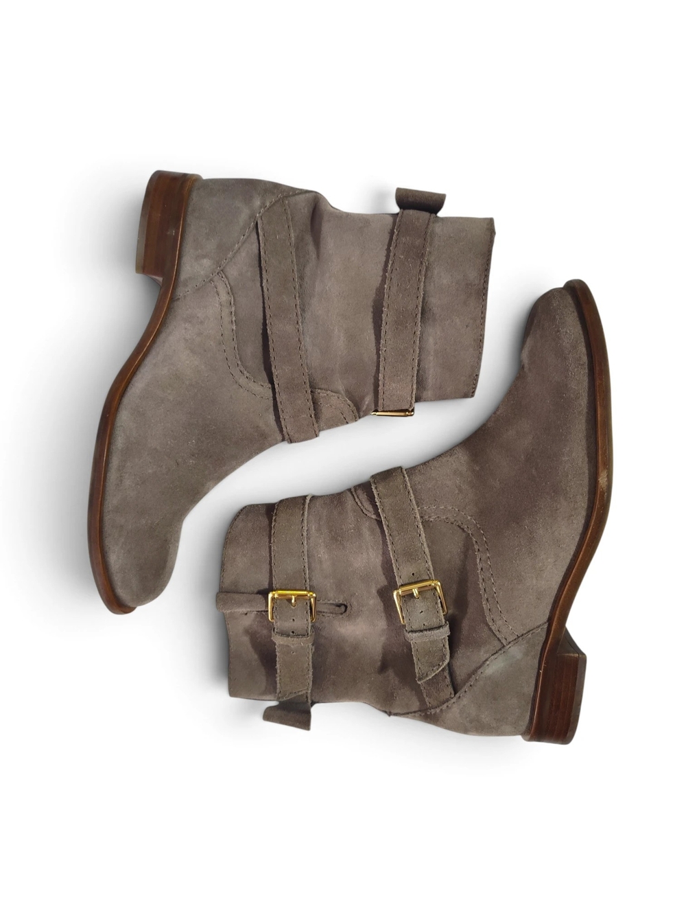 Kate Spade New York "Sabina" Moto Boots Taupe Brown Buckle Straps Bow Size 10 - Picture 7 of 11